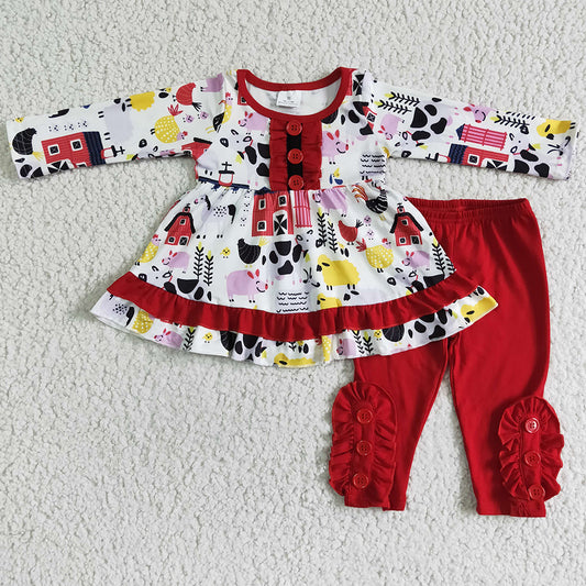 Baby Kids Clothing Farm Print Cute Girls Clothes Set Red 6 A8-17