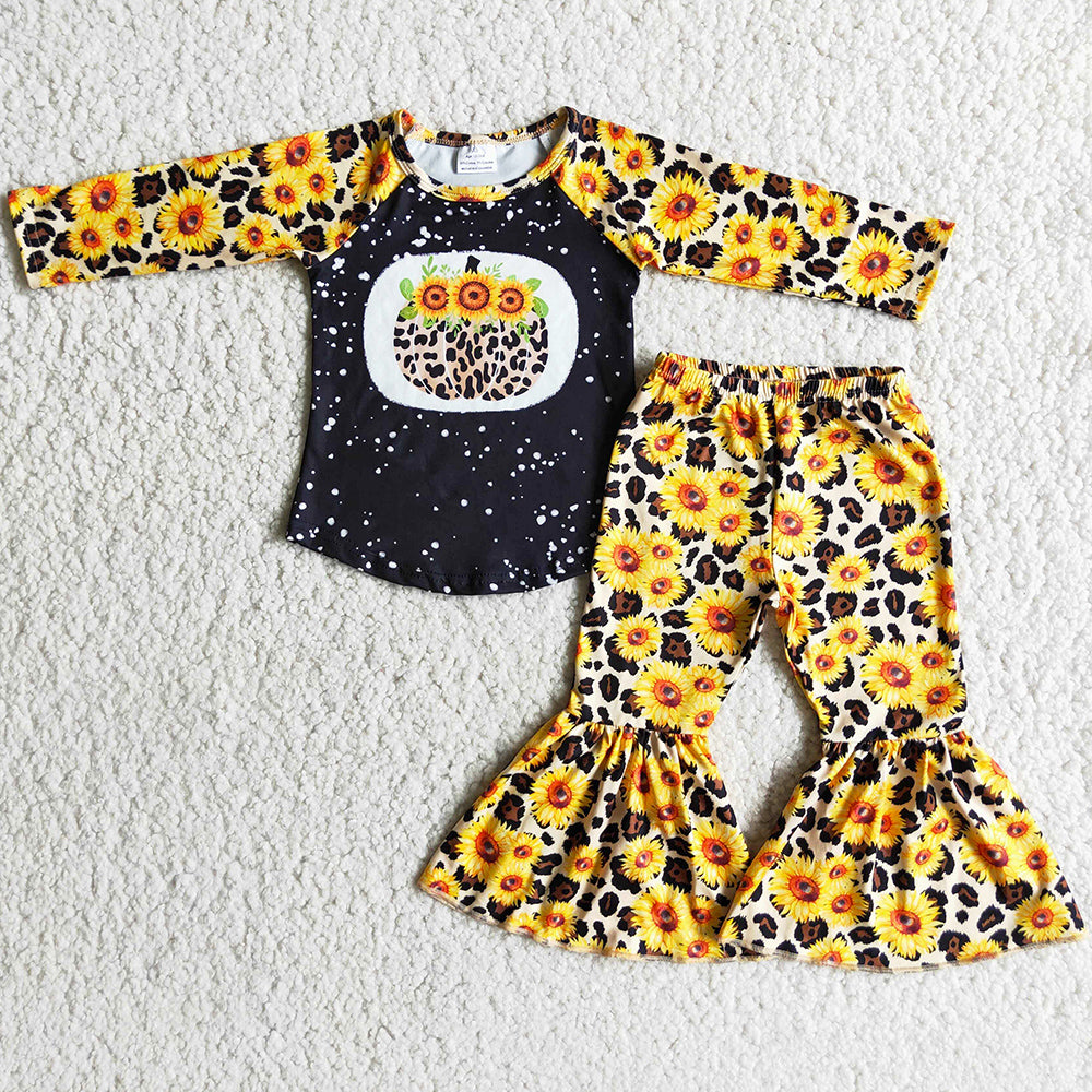 Girls Clothing Pumpkin Fall Girls Sunflower Bell Bottom Pants Outfits 6 A10-19