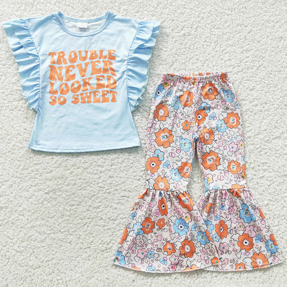 Hot Sale Baby Girl Clothes Flower Bell Bottoms Set GSPO0539