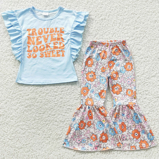 Hot Sale Baby Girl Clothes Flower Bell Bottoms Set GSPO0539