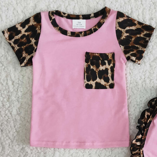 Hot Sale Summer Baby Girl Clothes Set Toddler Girl Clothes Fashion Leopard T-shirt Ruffle Shorts Wholesale Children Clothes C1-21