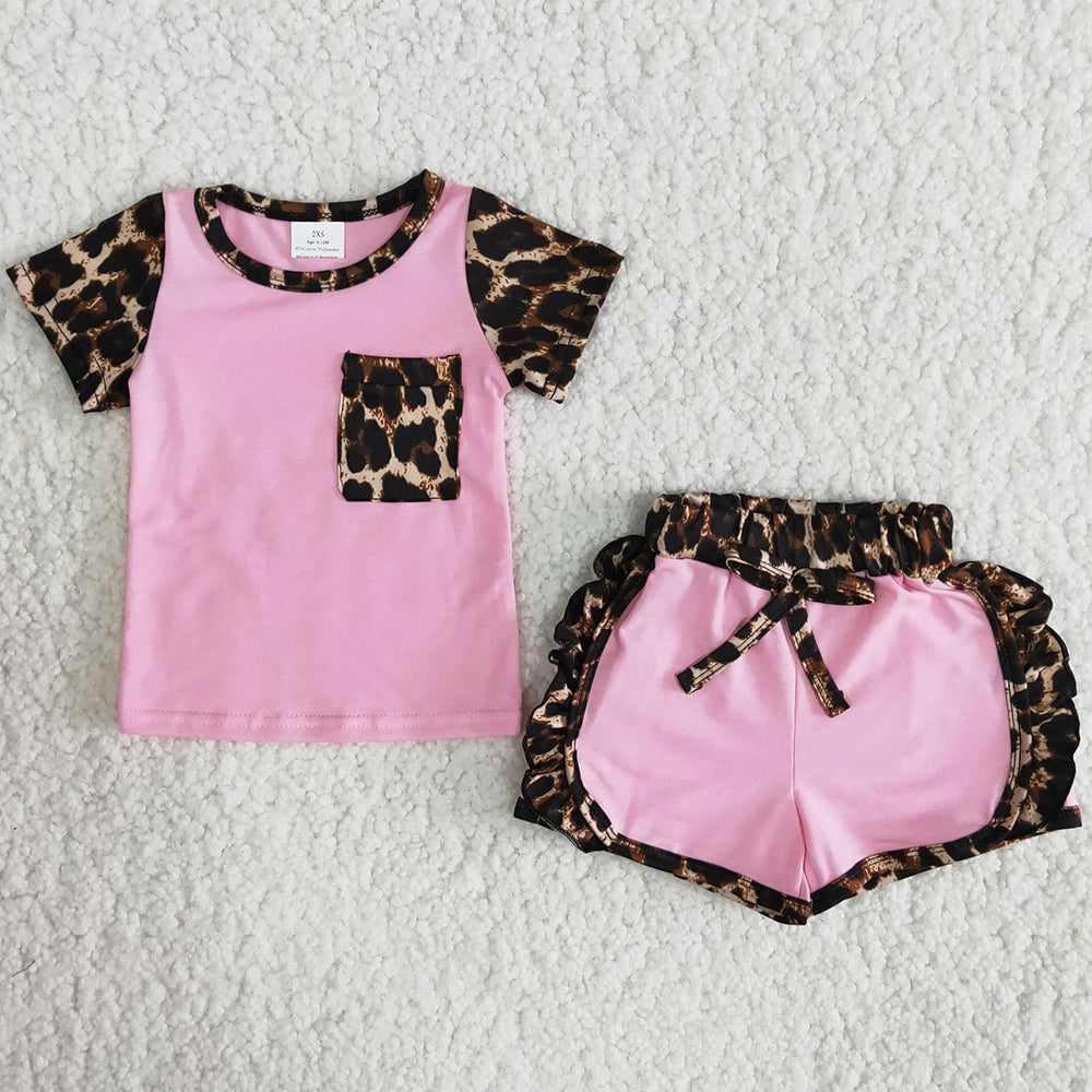 Hot Sale Summer Baby Girl Clothes Set Toddler Girl Clothes Fashion Leopard T-shirt Ruffle Shorts Wholesale Children Clothes C1-21