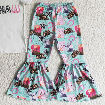 Wholesale Baby Girl Clothes Kids Summer Clothes Outfits Short Sleeve Letter T-shirt Bell Bottom Pants Set GSPO0032