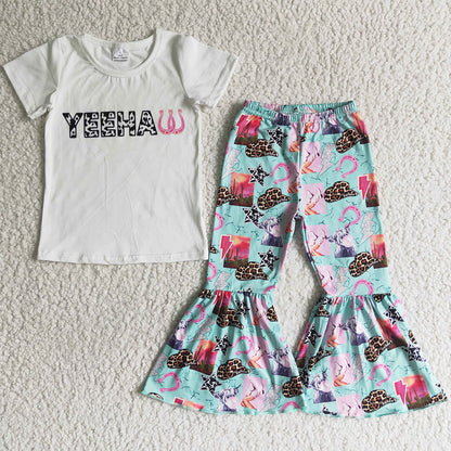 Wholesale Baby Girl Clothes Kids Summer Clothes Outfits Short Sleeve Letter T-shirt Bell Bottom Pants Set GSPO0032
