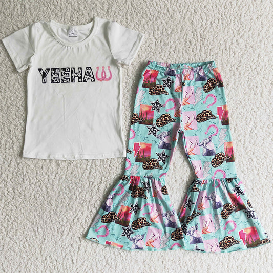 Wholesale Baby Girl Clothes Kids Summer Clothes Outfits Short Sleeve Letter T-shirt Bell Bottom Pants Set GSPO0032