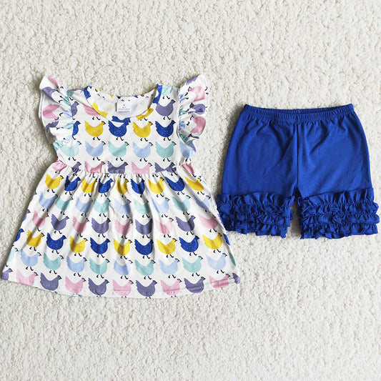 New Kid Baby Girls Ruffles Tops Short Sleeve Shorts Chicken Print 2pcs Summer Outfits Clothes Children Boutique Clothing Set A10-11