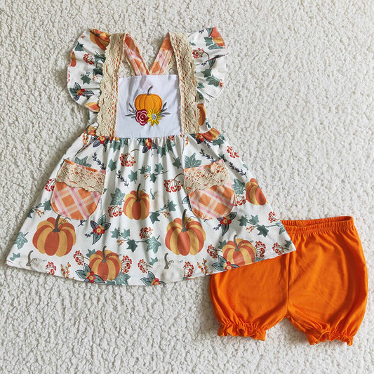 Pumpkin Embroidery Boutique Girls Clothes Set Halloween Children Clothes Outfits GSSO0125