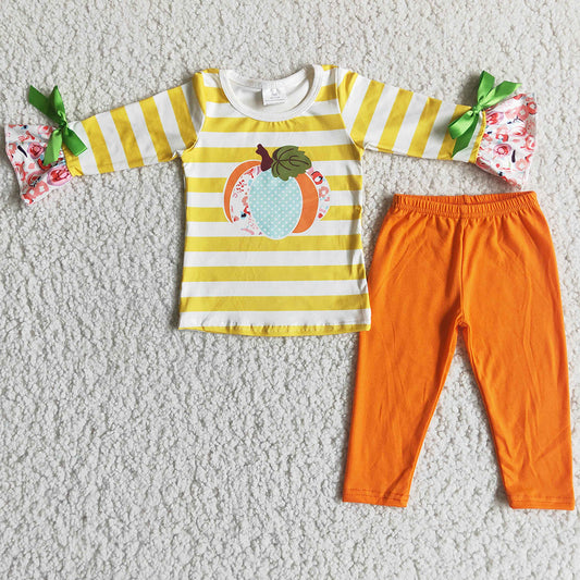 Boutique Baby Girls Clothes Toddler Fall Outfits Pumpkin Print Cute Girls Clothing Stripe Pants Set Wholesale 6 A10-14