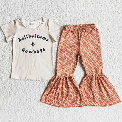 New Fashion Baby Girls Clothes Set Boutique Kids Clothes Girls Short Sleeve Bell Bottom Pants Outfits B14-13