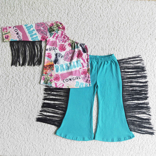 Western Style Fashion Girls Clothing Tassel Design Baby Kids Clothing Set GSPO0141