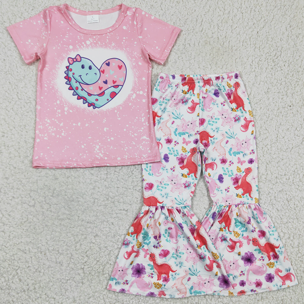 Valentine's Day Baby Girl Clothes Bell Pants Set Dinosaur Love Print Cute Girls Outfits GSPO0283