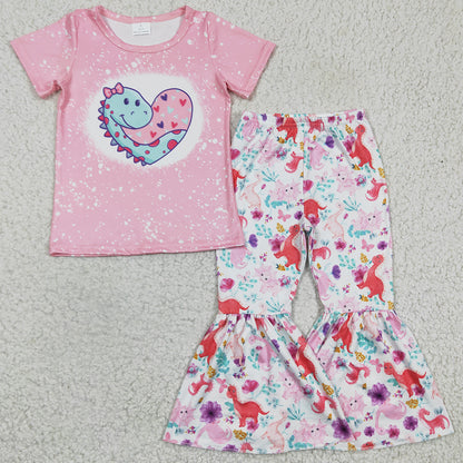 Valentine's Day Baby Girl Clothes Bell Pants Set Dinosaur Love Print Cute Girls Outfits GSPO0283