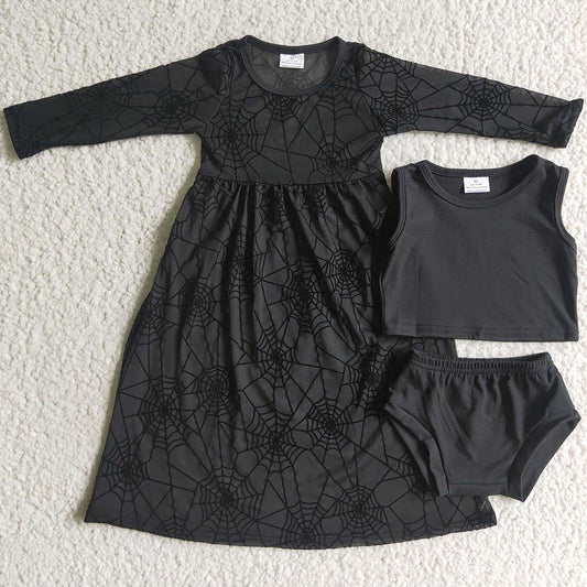 Fashion Toddlers Girls Clothes Bummie Set Match Spiderweb Dress Halloween Kids Outfits GBO0059