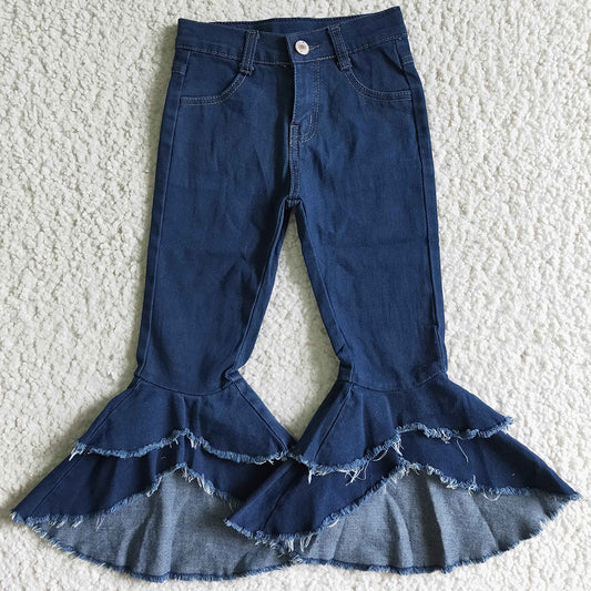 Boutique Baby Girls Jeans Double Ruffle Bell Bottom Pants High Quality Denim P0007