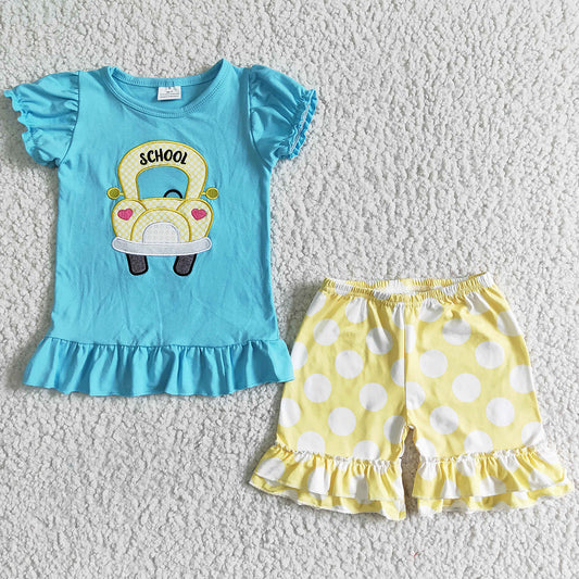 Fashion Baby Girls Clothes Sets Back to School Bus Embroidery Boutique Girls Clothing Outfits D12-26
