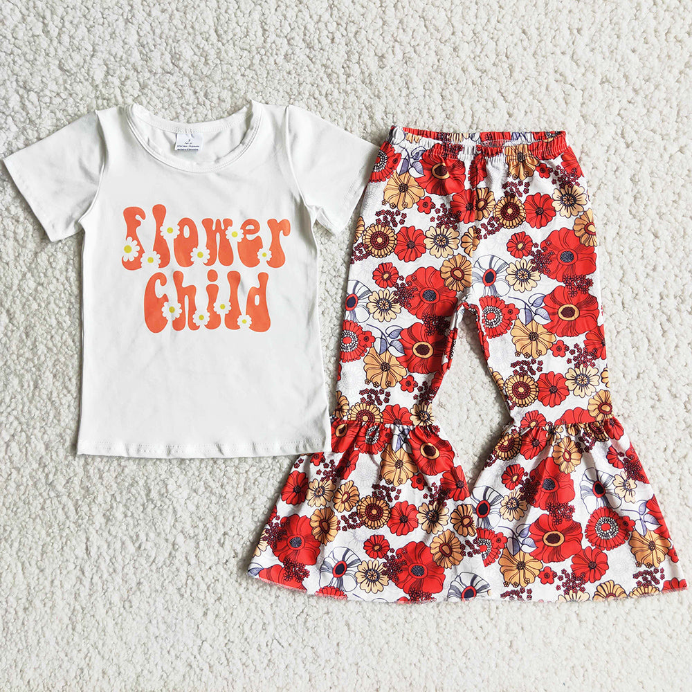 Baby Girls Clothes Flower Kids Boutique Clothes Toddler Girl Clothing Bell Bottom Pant Set C9-14