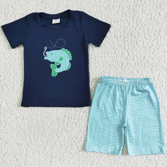 Boutique Baby Boy Clothes Cute Fish Embroidery Summer Toddler Boys Clothes Short Sleeve Shorts Set BSSO0008