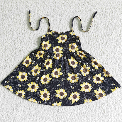 Hot Sale Baby Girl Designer Clothes Boutique Toddler Girls Dress Sunflower Print Cute Girls Dresses Wholesale GSD0036