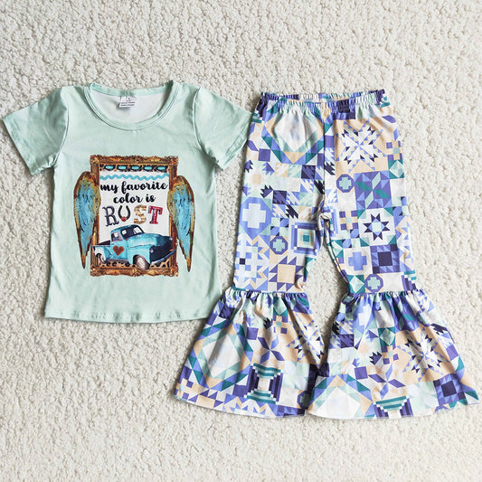 Boutique Kids Clothing Girl Spring Summer Outfits Fashion Baby Girls Clothes Short Sleeve Top Bell Pants 2pcs Girl Set Wholesale C6-15