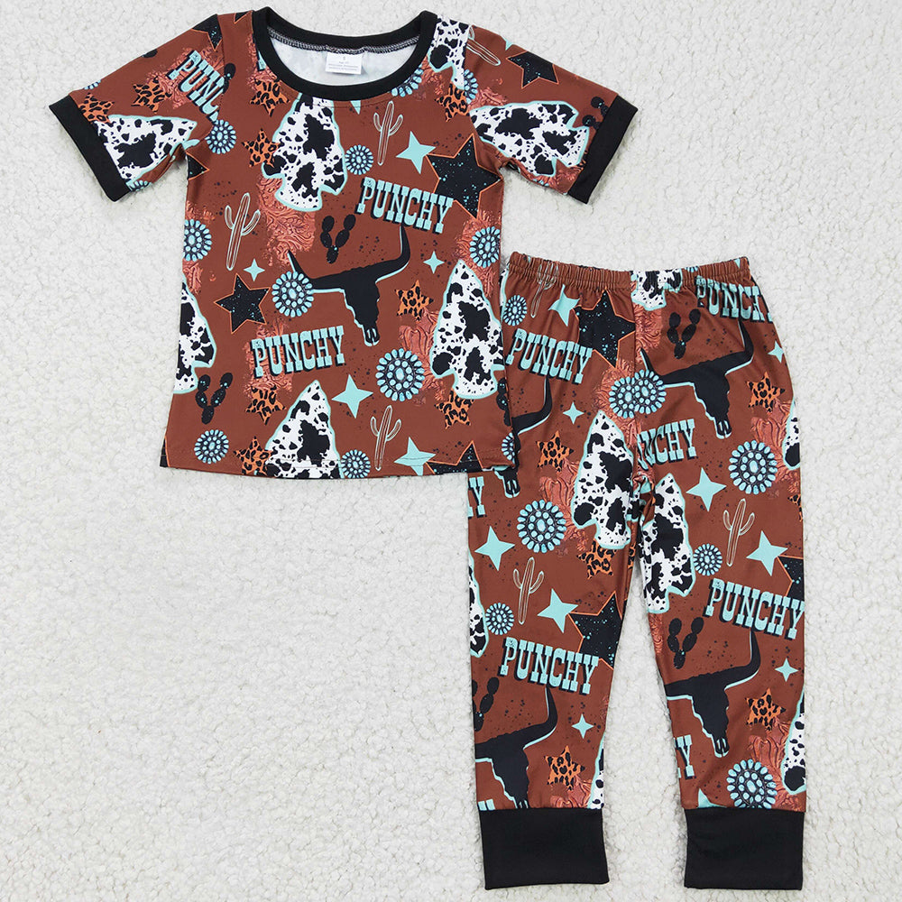 Western Style Kids Pajamas Cow Print Boutique Boys Pajamas Sleepwear Set BSPO0051