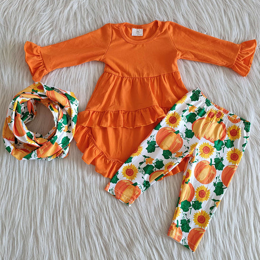 Hot Sale Baby Girl Clothes with Scarf 3pcs Outfits Pumpkin Print Halloween Kids Outfits 6 A11-15