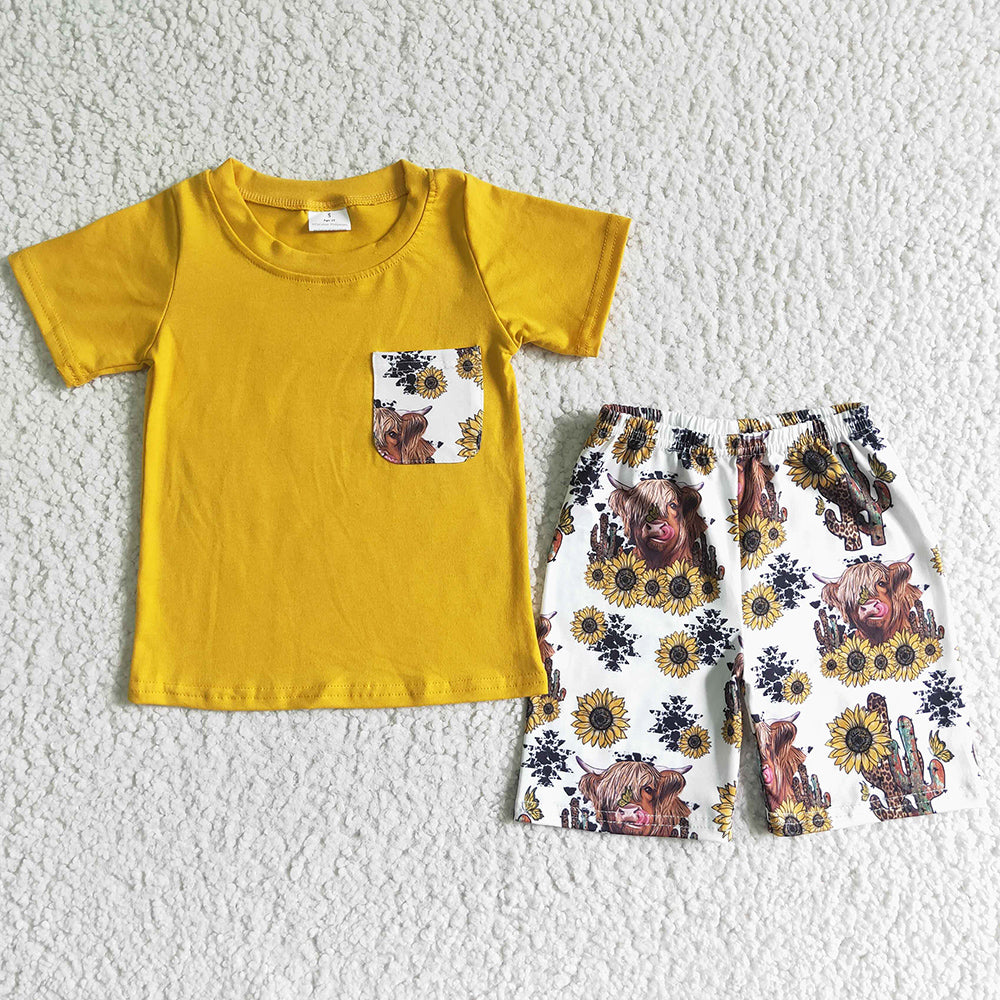 Wholesale Baby Boy Clothes Short Sleeve Shorts Set Cow Sunflower Print Fashion Toddler Boy Clothes Western Style Kids Clothing BSSO0069