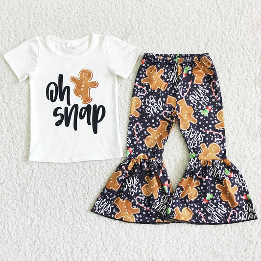 Christmas Boutique Girls Clothing Short Sleeve Bell Pants Set Gingerbread Print Cute Baby Girls Clothes D12-14