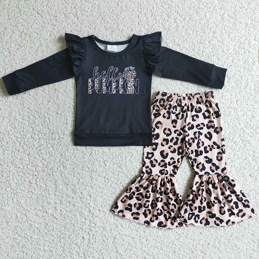 New Design Girls Clothing Hello Pumpkin Halloween Kids Outfits Leopard Printed GLP0056