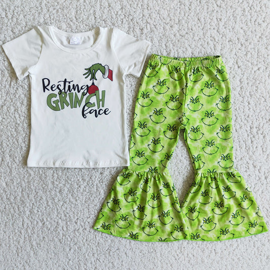 Boutique Baby Girls Clothes Short Sleeve Bell Bottom Outfits Cartoon Print Christmas Green Toddler Girls Clothes Set E3-30