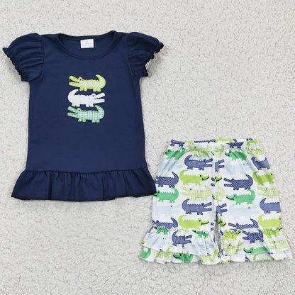 Cute Baby Girl Clothes Crocodile Embroidery Boutique Kids Sibling Clothing Summer Outfits GSSO0159 BSSO0132