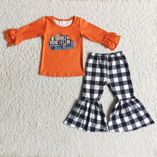 Boutique Baby Girls Clothes Fall Girls Boutique Outfits Pumpkin Print Kids Girls Clothing Bell Pants Set for Halloween Thanksgiving Day 6 A8-29