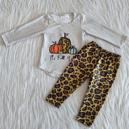 Fall Kids Clothes Girls Outfits Pumpkin Print Baby Girl Clothes Leopard Pants Set 6 A26-1