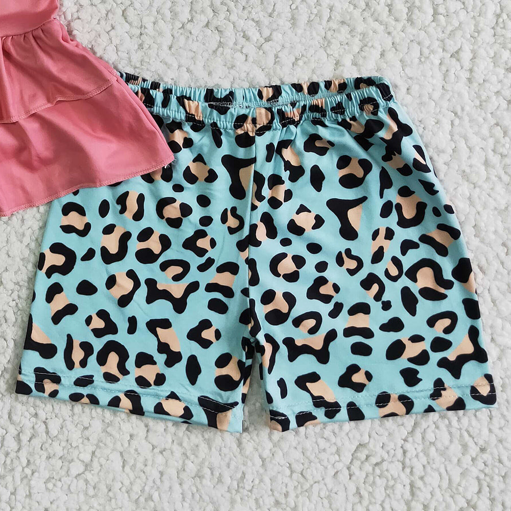 RTS Baby Girls Summer Clothes Set Wild Child Double Tunic Top Ruffle Leopard Shorts Girls Boutique Outfits Fashion Kids Clothing GSSO0036