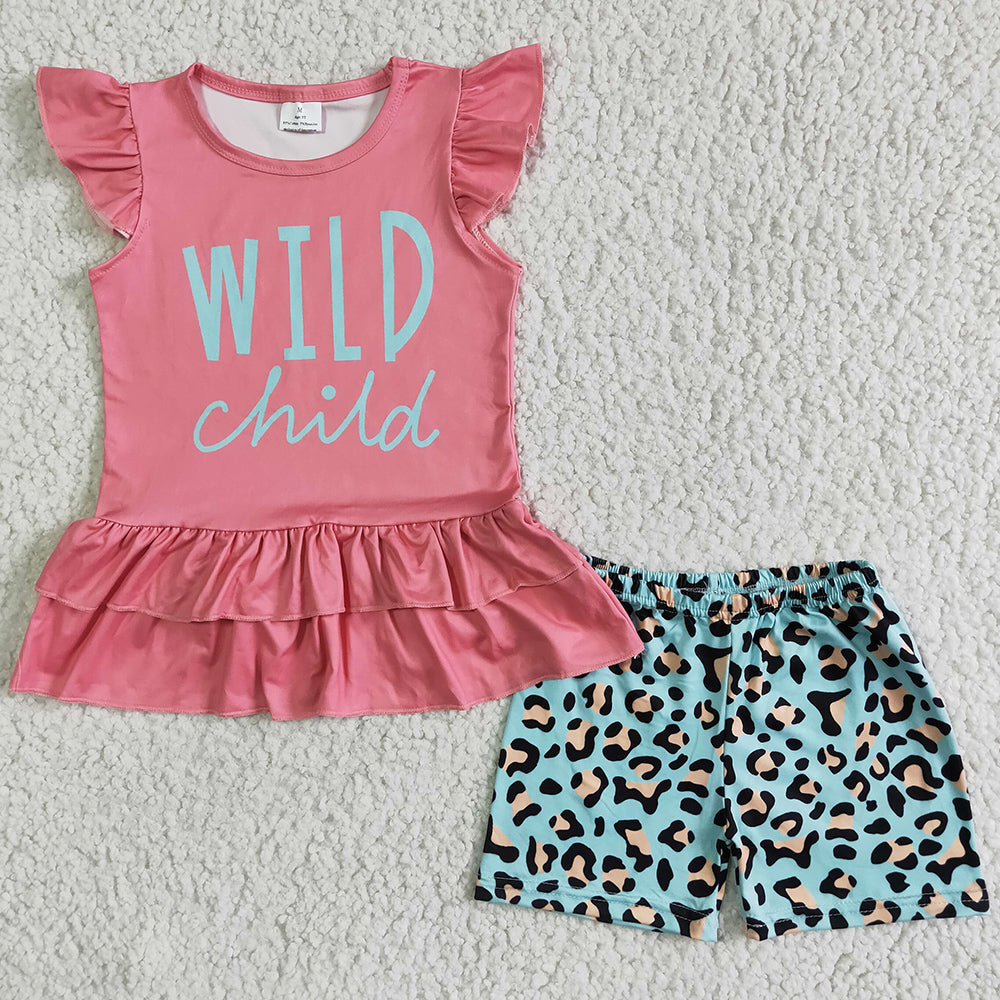 RTS Baby Girls Summer Clothes Set Wild Child Double Tunic Top Ruffle Leopard Shorts Girls Boutique Outfits Fashion Kids Clothing GSSO0036