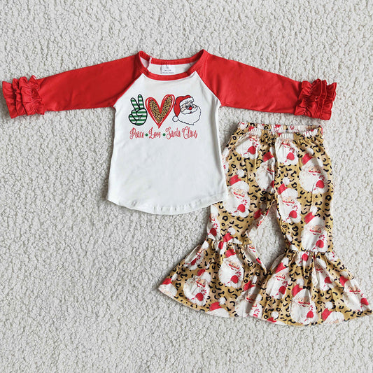 Christmas Baby Girl Clothes Long Sleeve Bell Pants Sets Peace Love Santa Claus Boutique Girls Clothing Outfits 6 A13-5