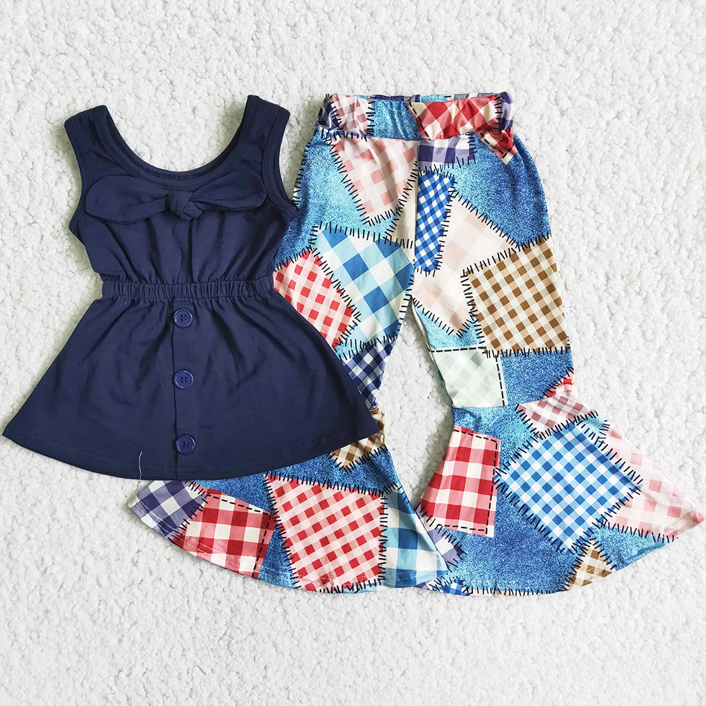 Fashion Newborn Baby Girls Clothes Sets Sleeveless Bow Shorts Girls Bell Bottom Outfit Boutique Kids Clothing Girls Children Set D9-30