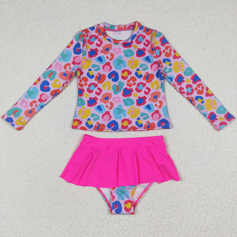 Baby Girls Swimsuit Colorful Leopard Long Sleeve Two Pieces Swimwear S0062