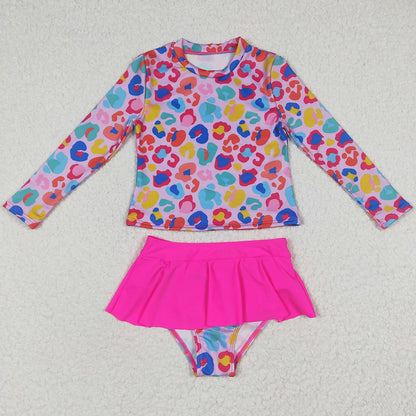 Baby Girls Swimsuit Colorful Leopard Long Sleeve Two Pieces Swimwear S0062