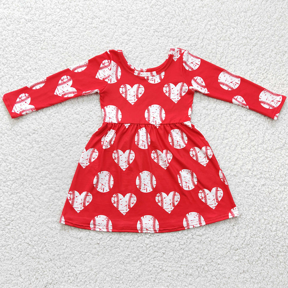 Love Baseball Print Girls Dress Long Sleeve Dresses GLD0165