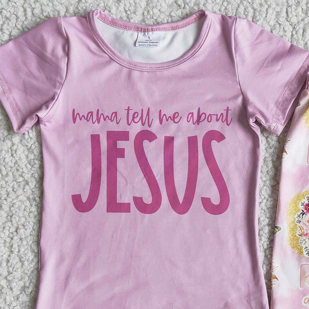 Hot Sale Kids Clothes Girls Easter Boutique Outfits Jesus Baby Girl Clothes Pink T-Shirt Bell Pants Sets