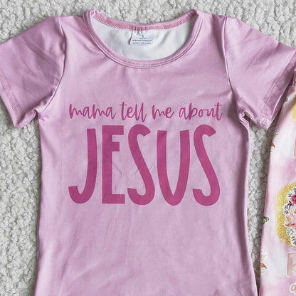 Hot Sale Kids Clothes Girls Easter Boutique Outfits Jesus Baby Girl Clothes Pink T-Shirt Bell Pants Sets