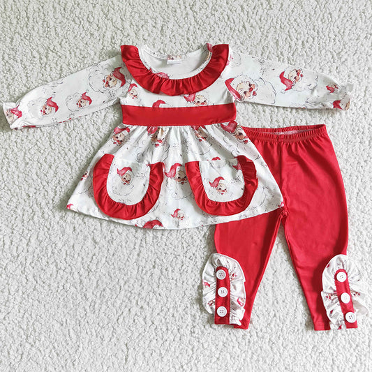 Hot Sale Baby Girls Clothing Christmas Children Outfits with Pocket Santa Claus Print GLP0050