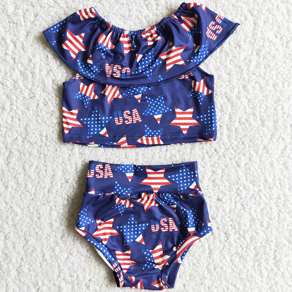 Boutique Baby Girls Bummies Set July 4th Summer Girls Clothing Star Printed Kids Bummies Outfit D10-5