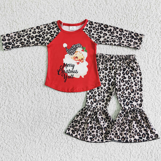 Hot Sale Baby Girls Clothes Christmas Outfits Santa Claus Print Boutique Kids Girls Clothing Leopard Bell Pants Sets 6 A8-15