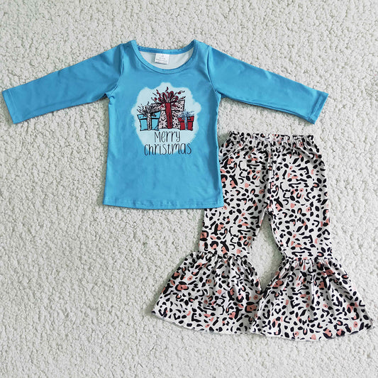 Fashion Baby Girls Clothes Blue Top Leopard Bell Bottom Pants Set Present Design Christmas Toddler Girls Clothing 6 B6-36