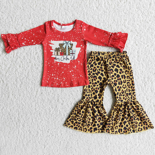 Hot Sale Girls Clothes Ruffle Top Leopard Bell Bottom Pants Set Present Design Christmas Baby Girls Boutique Clothing 6 A26-12