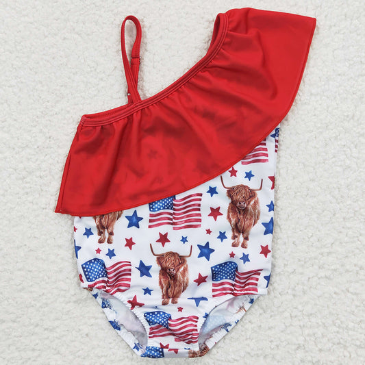 Baby Girls Swimsuits 4th Of July Highland Cow One Piece Bathing Suits Swimwear S0101