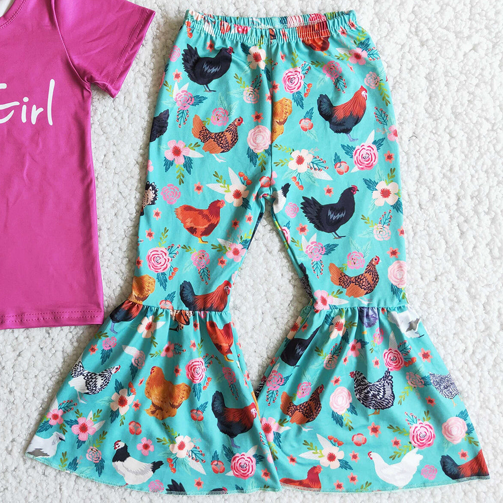 Wholesale Baby Girl Clothes Chicken Farm Girl Boutique Kids Clothes Short Sleeve T-shirt Bell Pants Set Toddler Girls Clothes D8-12