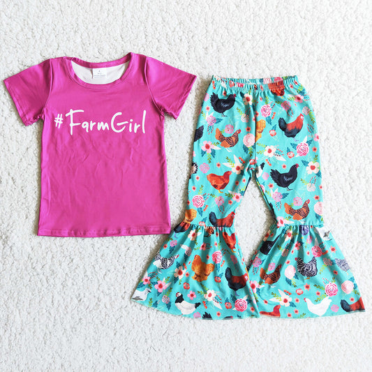 Wholesale Baby Girl Clothes Chicken Farm Girl Boutique Kids Clothes Short Sleeve T-shirt Bell Pants Set Toddler Girls Clothes D8-12