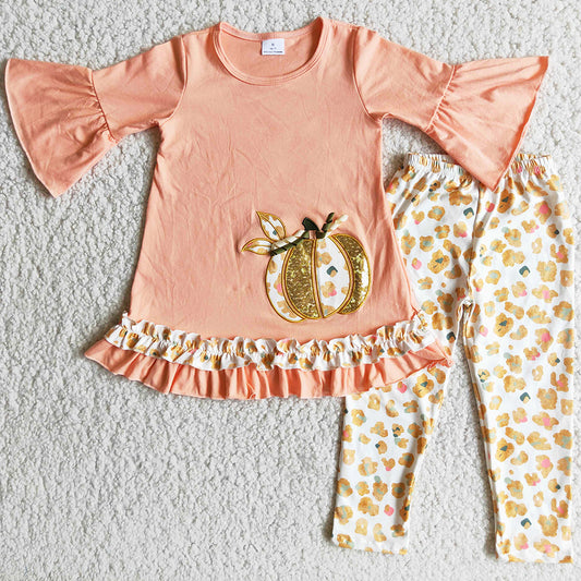 Hot Sale Baby Girls Clothes Set Pumpkin Sequins Embroidery Boutique Toddler Girls Clothing Halloween Thanksgiving Outfits  6 A9-30